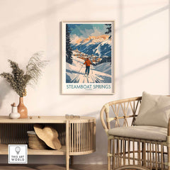 Vintage Steamboat Springs ski poster showcasing a snowy mountain landscape in Colorado, perfect wall art for ski enthusiasts.