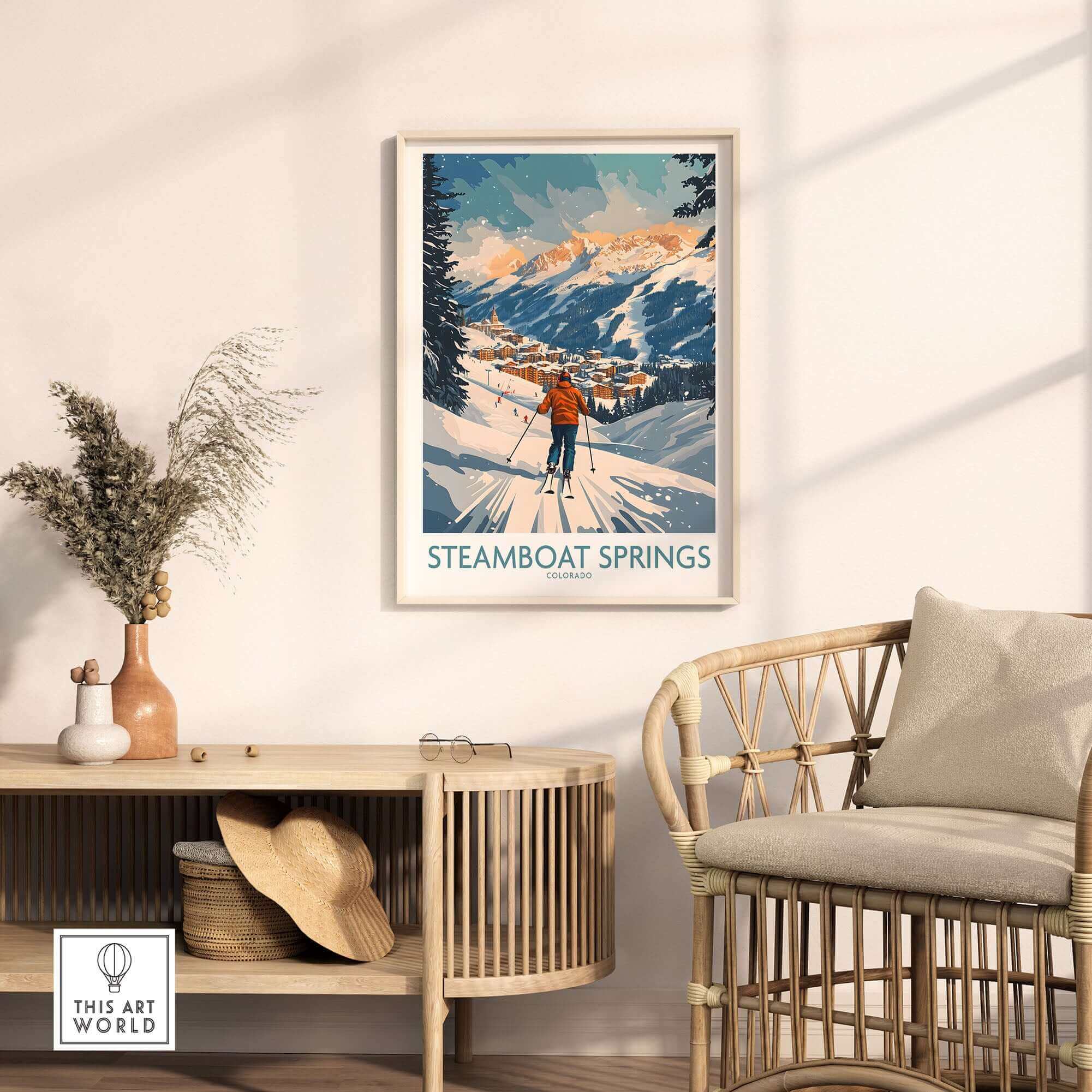 Vintage Steamboat Springs ski poster showcasing a snowy mountain landscape in Colorado, perfect wall art for ski enthusiasts.