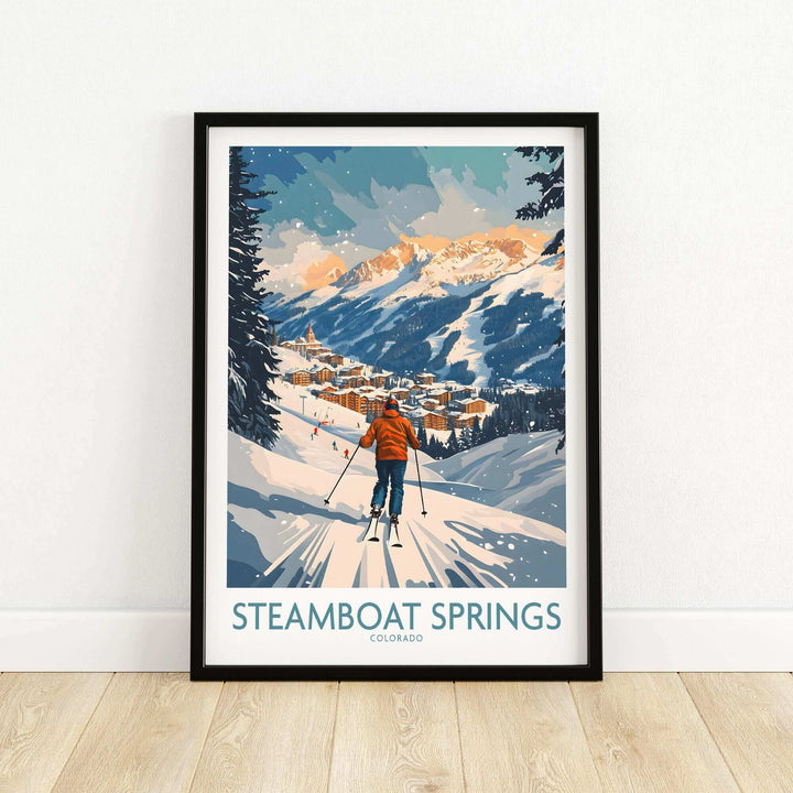 Vintage Steamboat Springs ski poster featuring a skier and snowy mountains in Colorado. Perfect for winter sports enthusiasts.