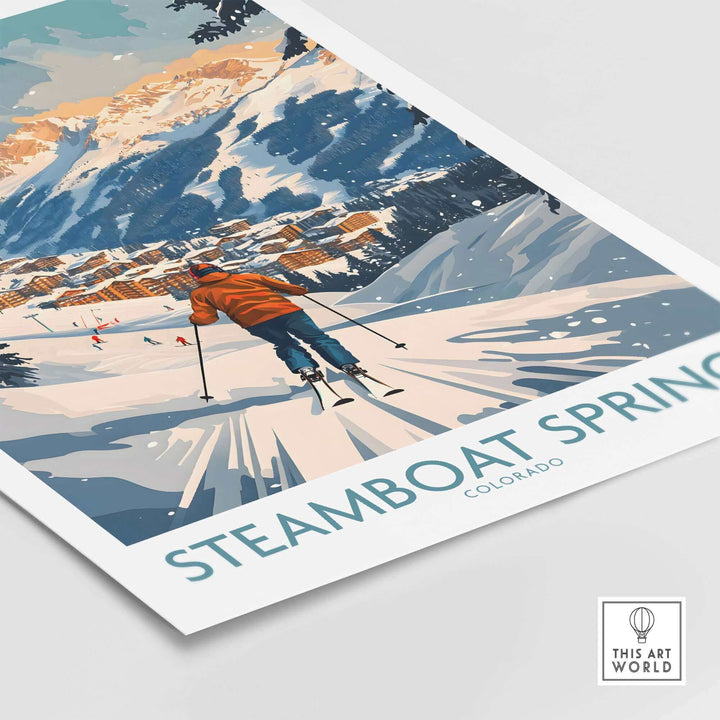 Steamboat Springs Colorado ski poster with skier on snowy slopes, scenic mountains, and cozy village in winter landscape.