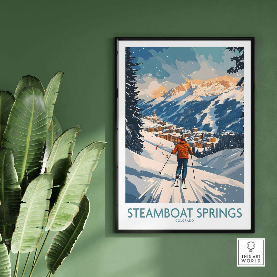 Steamboat Springs Colorado ski poster featuring a skier on a snowy mountainside, perfect wall art for winter sports enthusiasts.