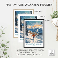 Steamboat Springs ski poster in handmade wooden frames, showcasing natural, white, and black options for Colorado art.