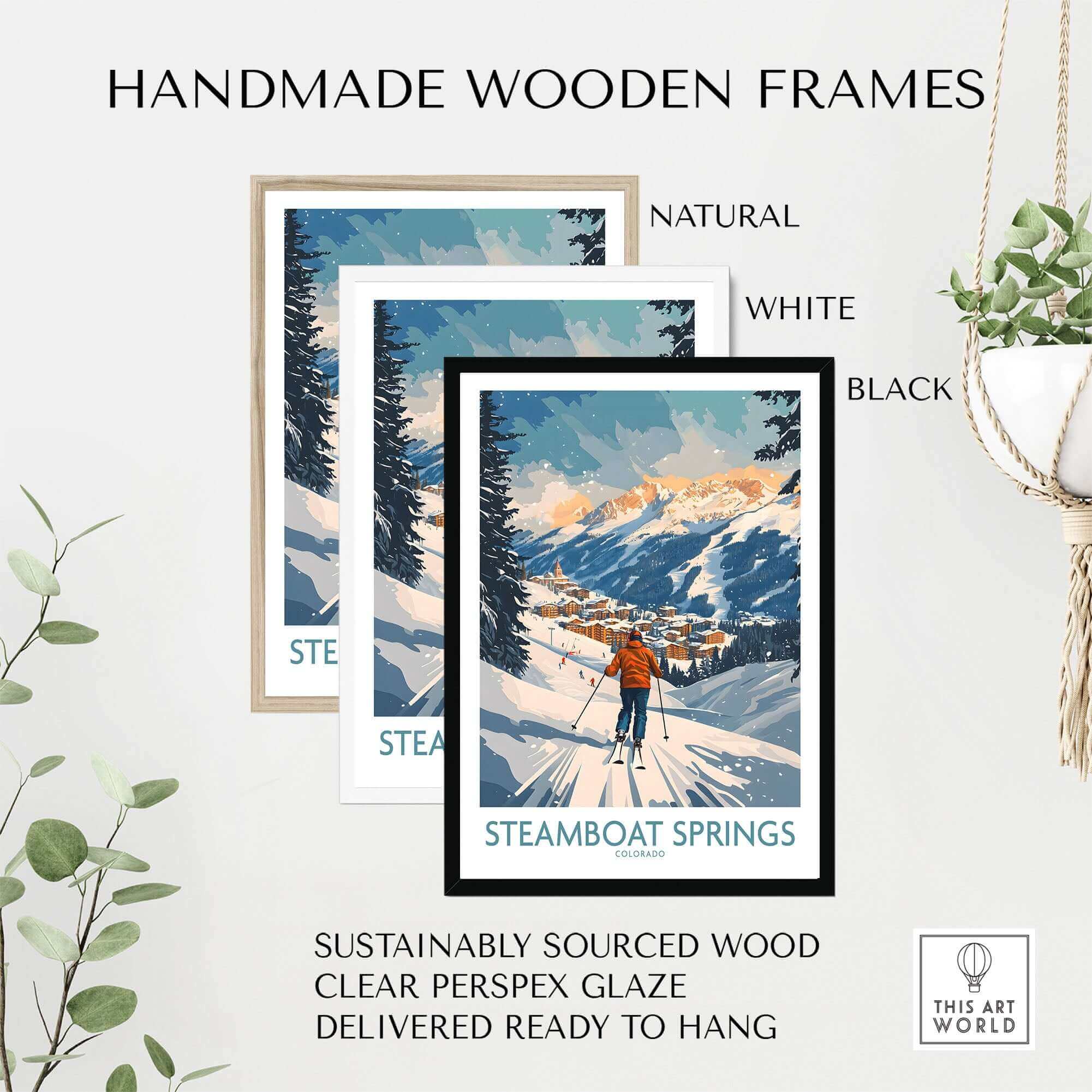 Steamboat Springs ski poster in handmade wooden frames, showcasing natural, white, and black options for Colorado art.