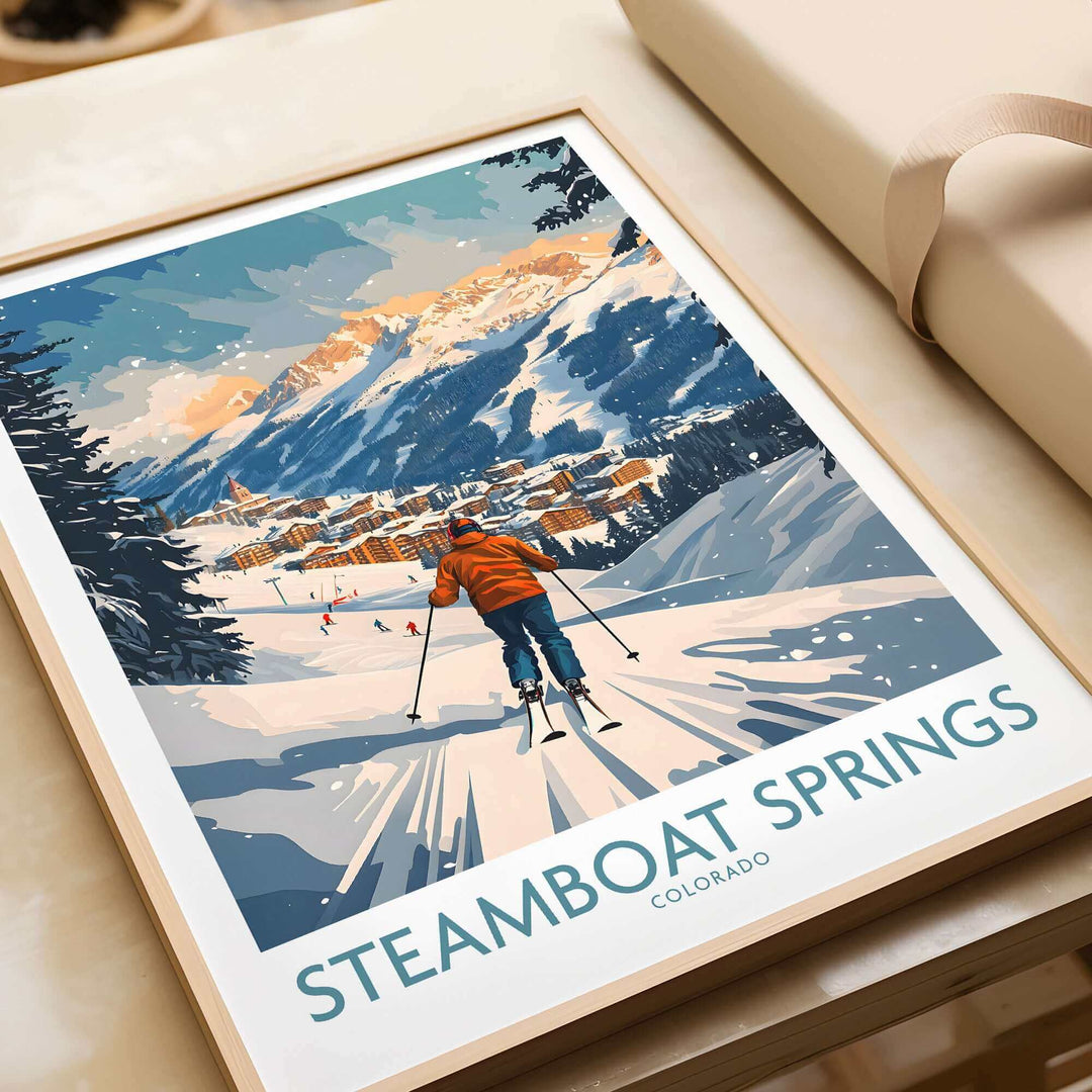 Ski Poster featuring Steamboat Springs in Colorado with scenic mountain view and skier, perfect decor for ski enthusiasts.