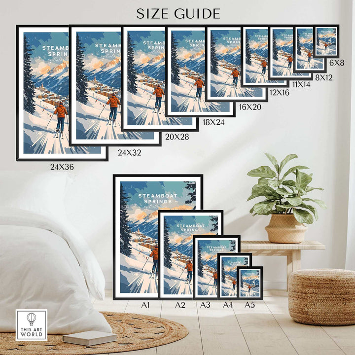 Size guide for Steamboat Springs ski poster with various print options, showcasing a scenic Colorado landscape in vibrant colors.