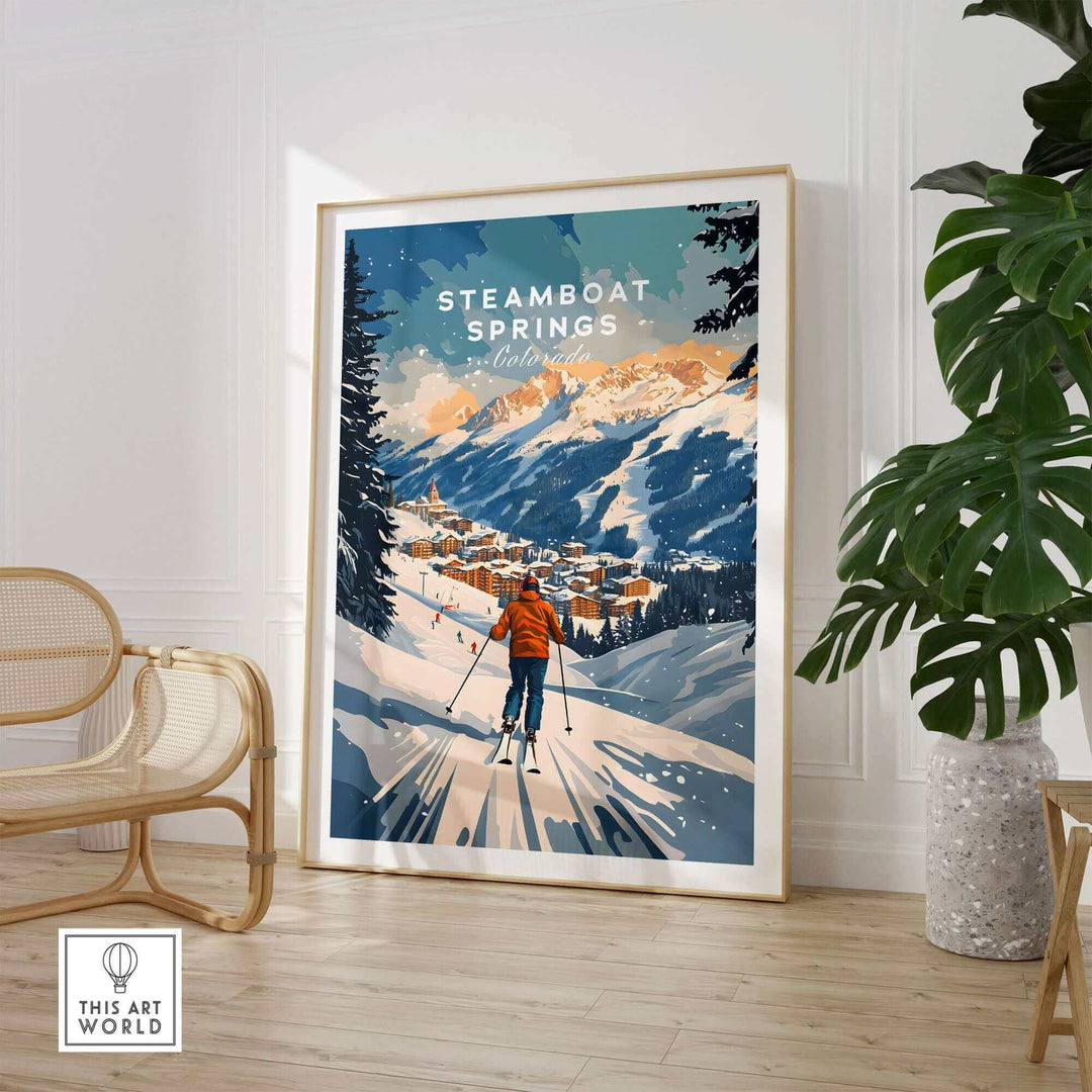 Steamboat Springs ski poster, Colorado print; skier on snowy path with mountain view, stylish home decor art print.