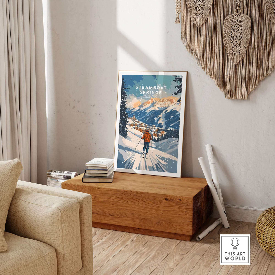 Steamboat Springs Colorado ski poster art print in cozy living room setting, highlighting winter sports in a mountain landscape.