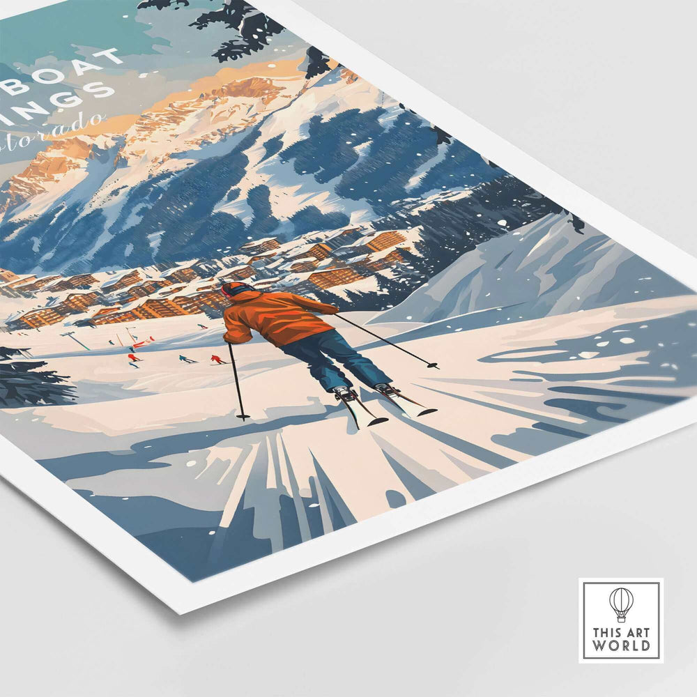 Scenic Steamboat Springs Colorado ski poster with skier descending snowy slopes, showcasing a winter landscape print.