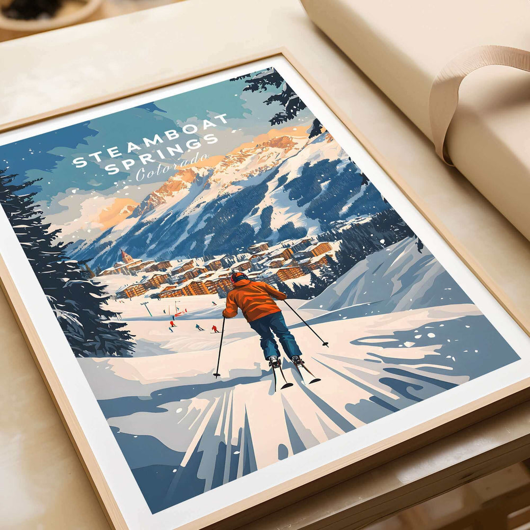 Steamboat Springs ski poster featuring a scenic winter view with a skier descending a snowy slope in Colorado.