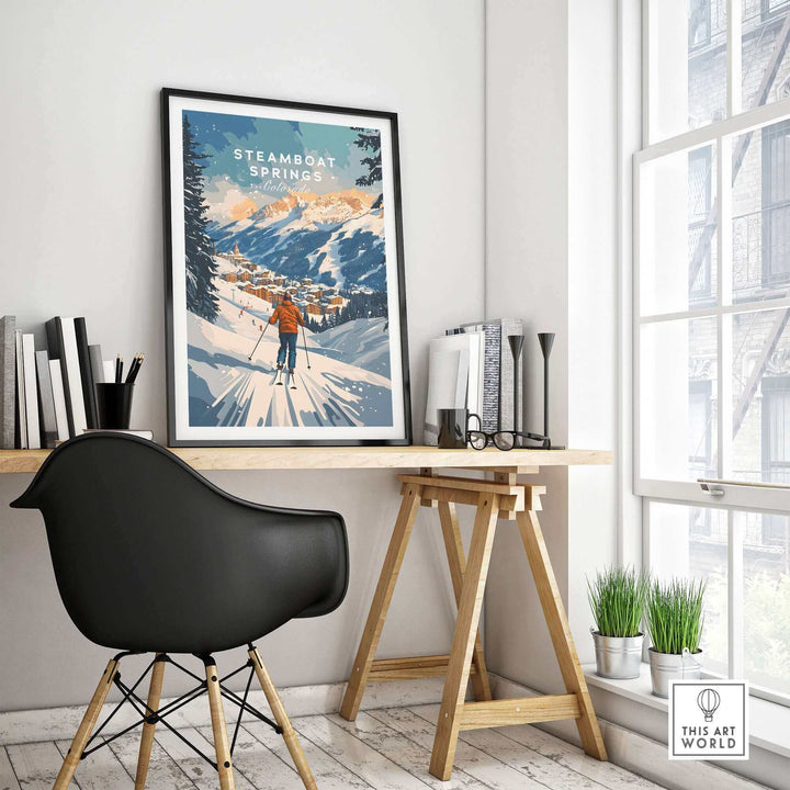 Ski Poster of Steamboat Springs Colorado displayed in modern room, highlighting snowy mountains and skier in vivid colors.