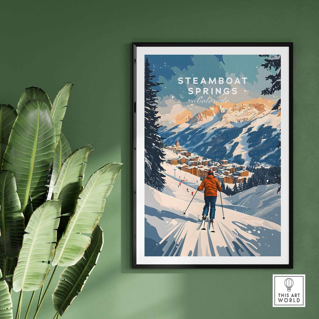 Ski Poster featuring Steamboat Springs, Colorado, with a skier descending a snowy mountain, framed on a green wall.