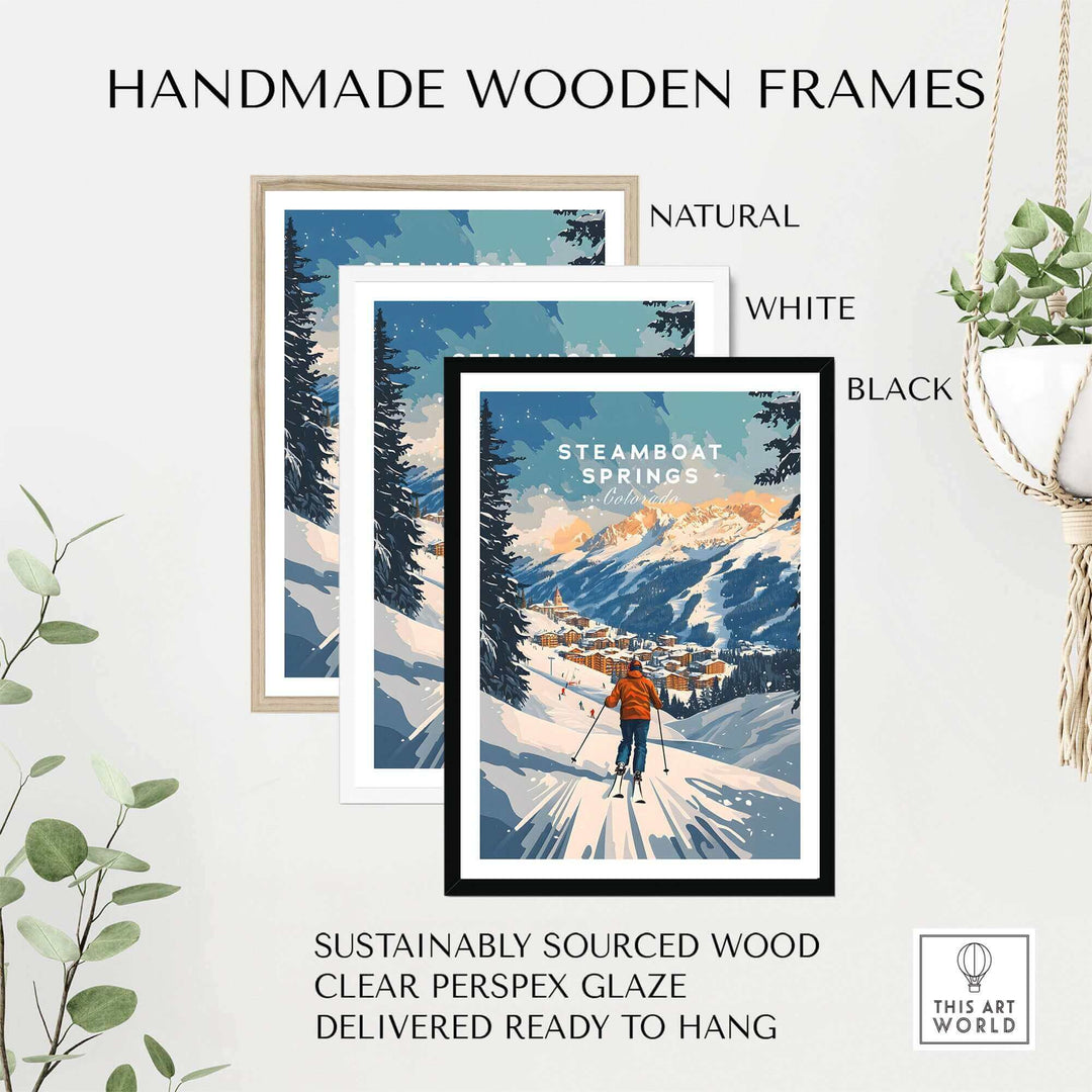 Handmade wooden frames featuring Steamboat Springs ski poster, available in natural, white, and black, ready to hang.