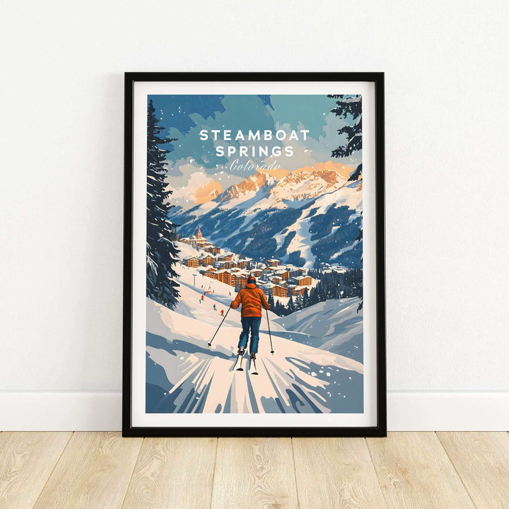 Steamboat Springs Colorado Ski Poster featuring a skier with a scenic mountain backdrop in a framed print.