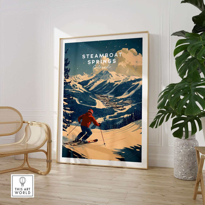 Vintage Steamboat Springs Ski Poster displayed in a modern room setting with skier and mountain landscape.