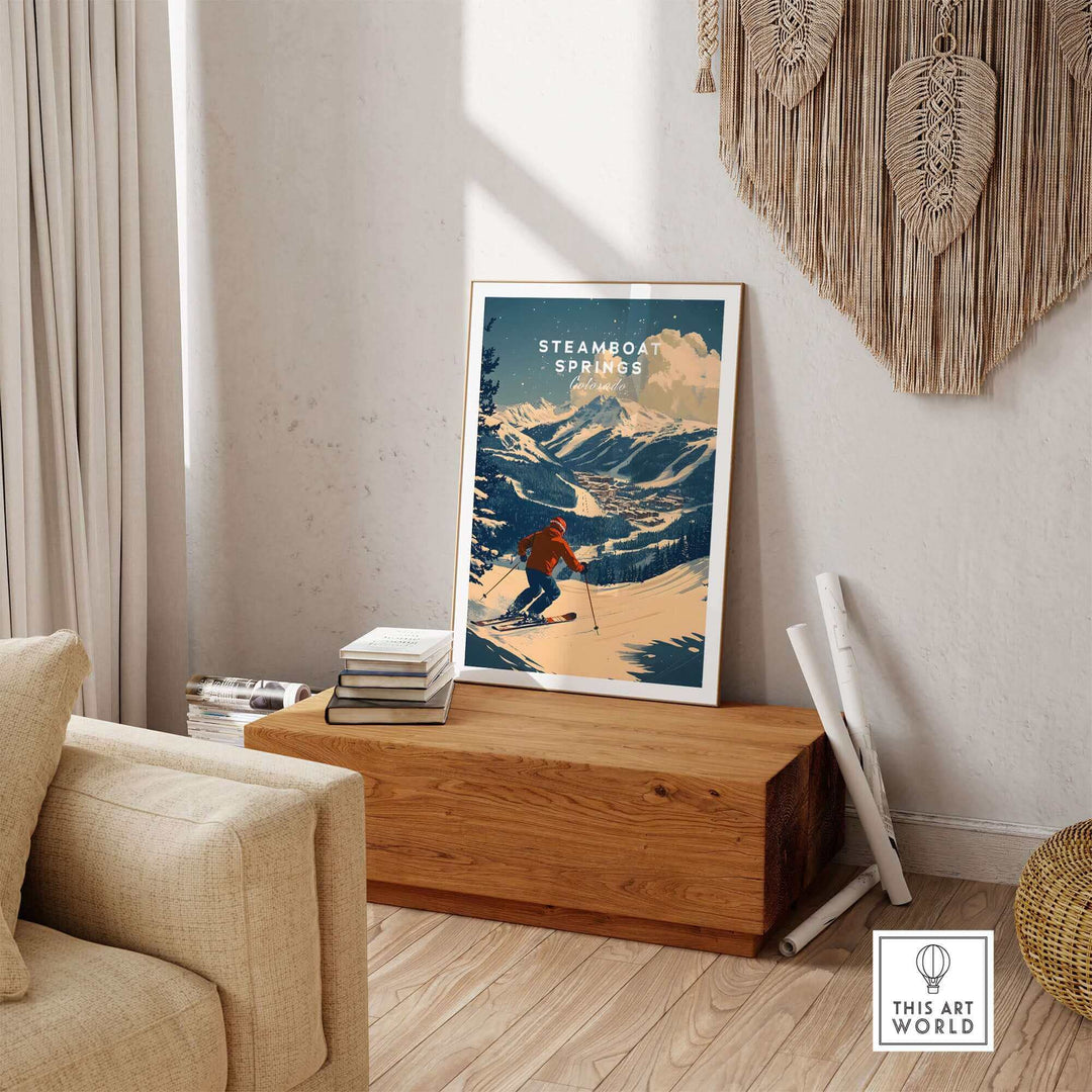 Steamboat Springs Ski Poster displayed in a modern living room, featuring a vibrant skiing scene with mountains in the background.