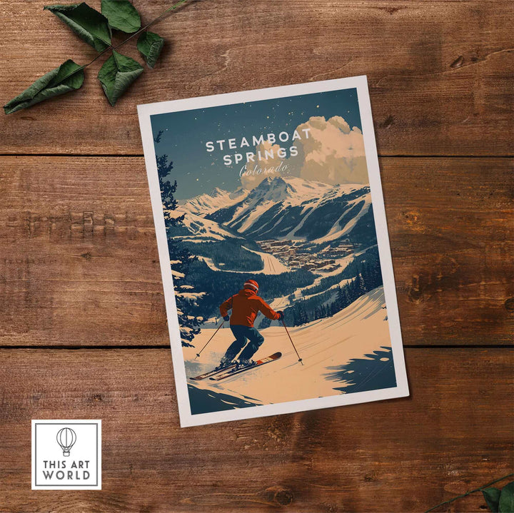 Vintage-style Steamboat Springs ski poster featuring a skier on a snowy mountain landscape.