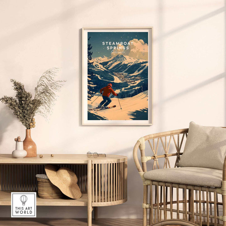 Vintage Steamboat Springs ski poster framed in a cozy living room setting with natural decor.