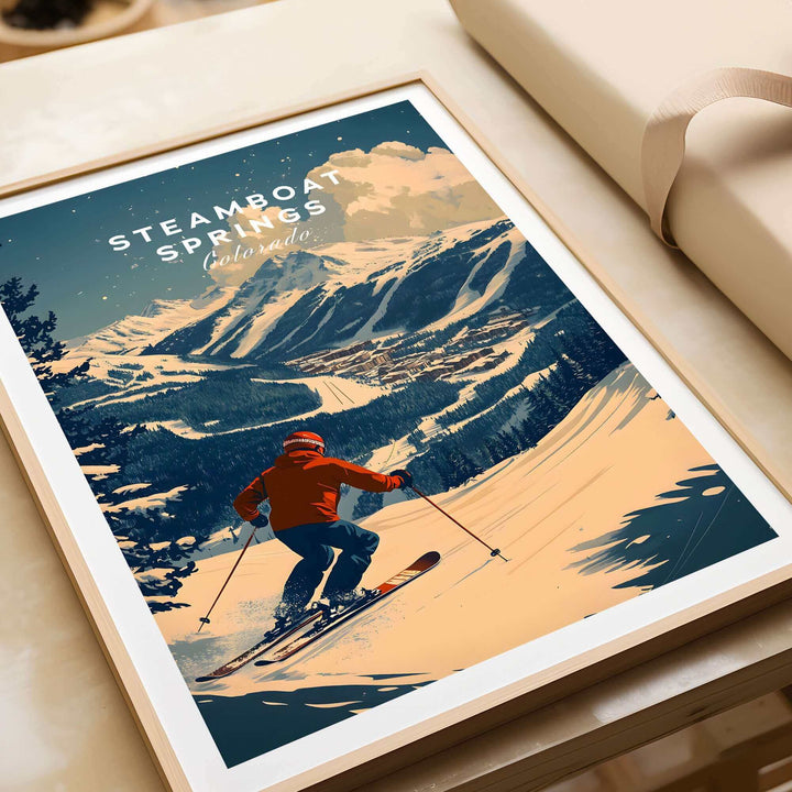 Vintage-inspired Steamboat Springs Ski Poster featuring a skier on snowy slopes with mountain views in the background.