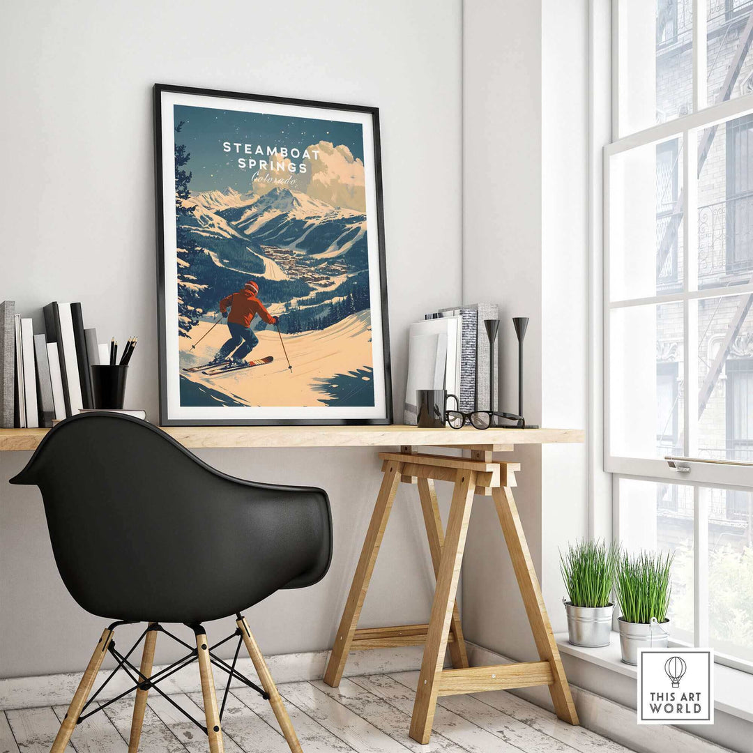 Steamboat Springs Ski Poster displayed on a stylish office desk, depicting a skier on snowy mountains, perfect for ski enthusiasts.