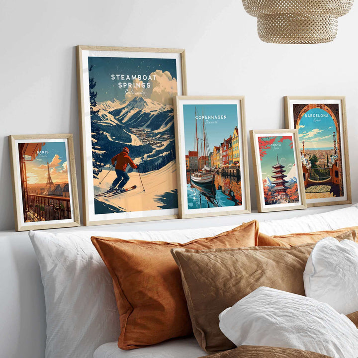 Steamboat Springs ski poster on a wall with other travel posters, featuring a skier and mountain scene.