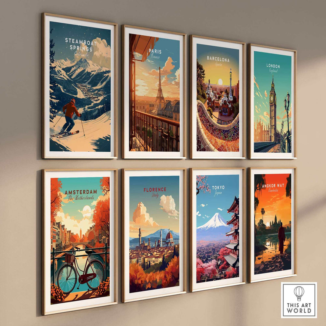 Vintage Steamboat Springs ski poster among travel-themed art prints featuring Paris, Barcelona, London, and more on a wall display.