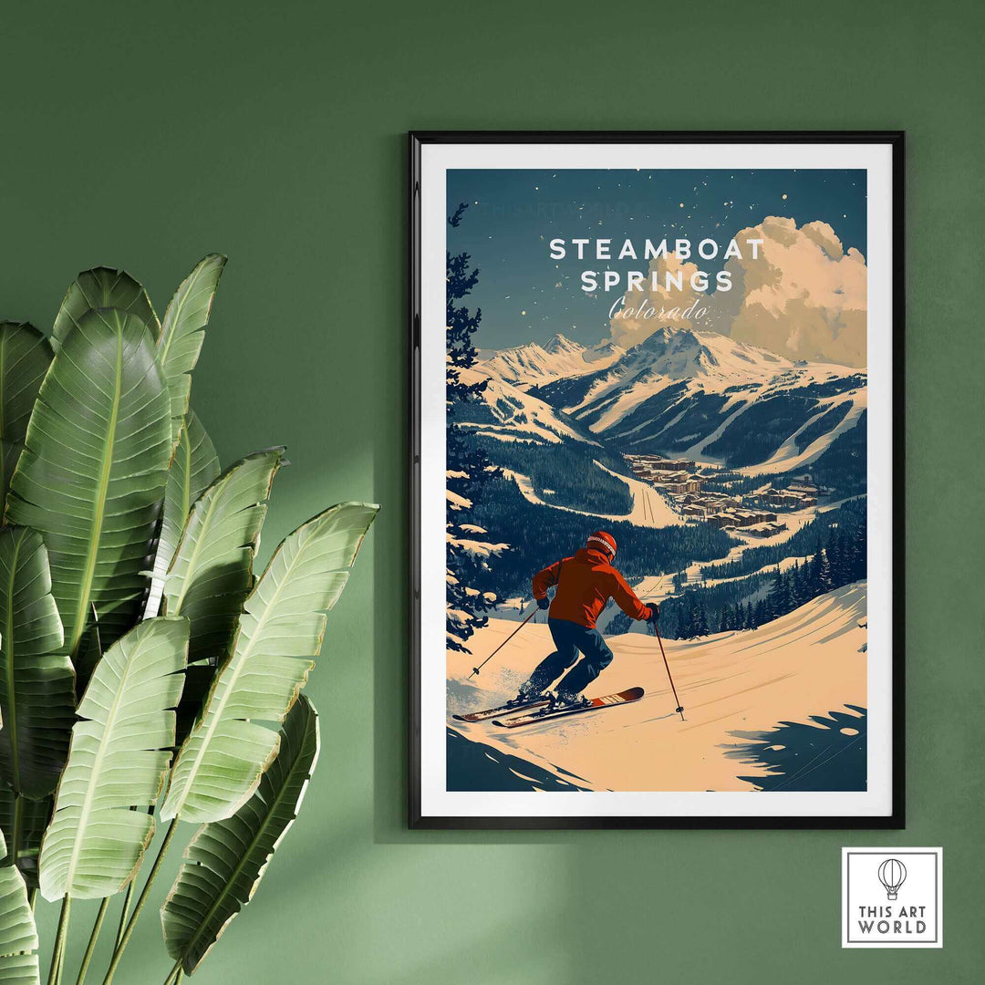 Steamboat Springs Ski Poster featuring vintage skier art framed on a green wall with a stylish plant.