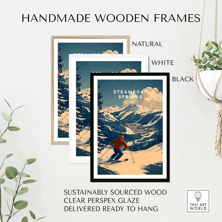 Steamboat Springs Ski Poster in handmade wooden frames with sustainably sourced wood, available in natural, white, and black.