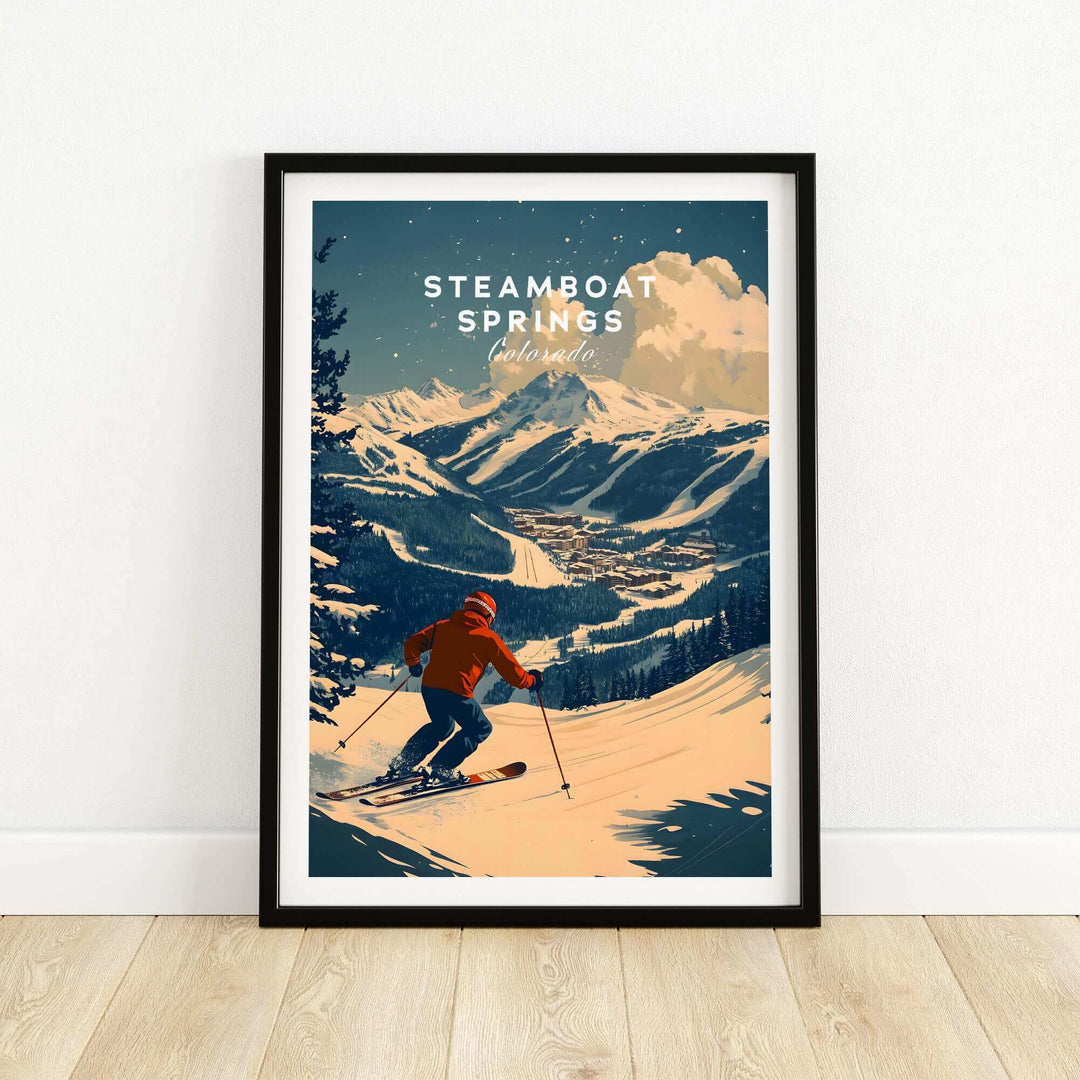 Vintage Steamboat Springs Ski Poster featuring skier on snowy mountain, perfect wall art for skiing enthusiasts and decor lovers.