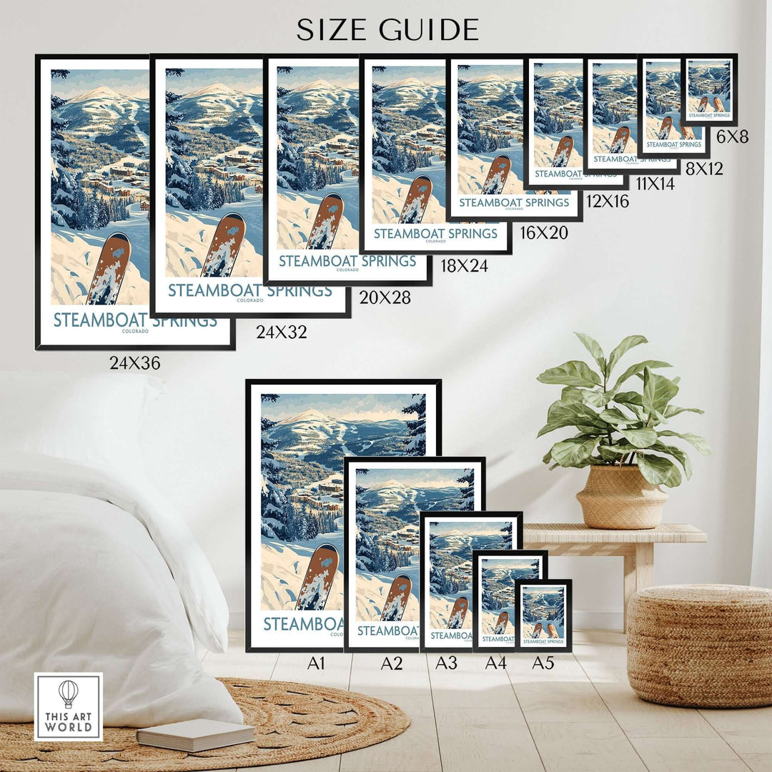 Size guide for Steamboat Springs Ski Print showcasing various frame sizes for ski wall art décor.