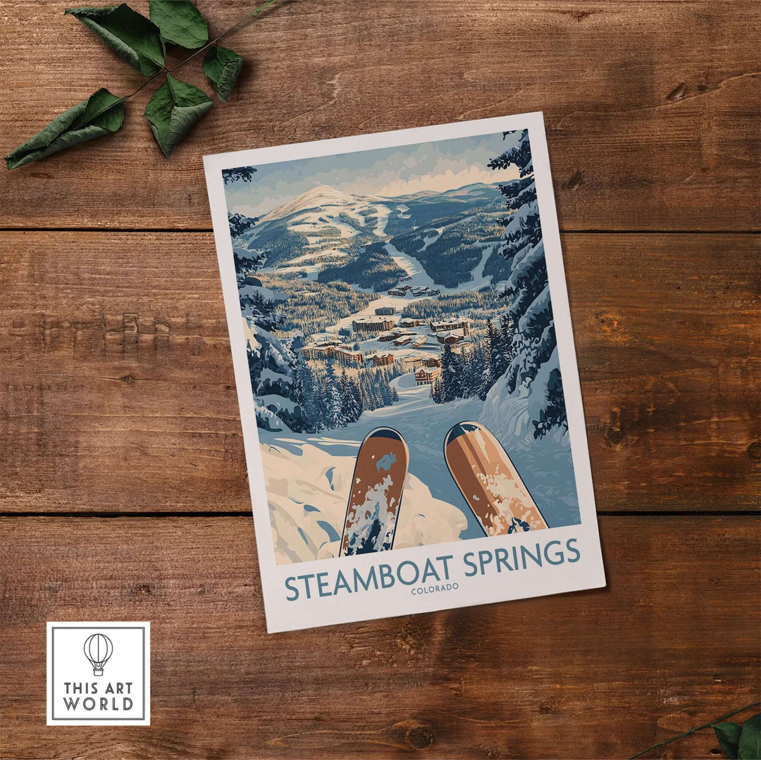 Steamboat Springs ski print showcasing snowy mountains and ski slopes in Colorado, perfect for skiing enthusiasts and wall decor.