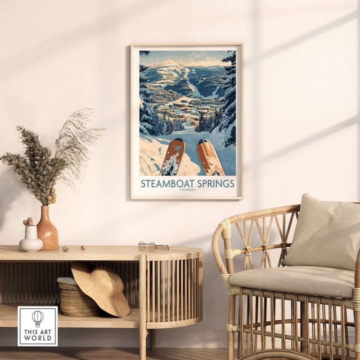 Steamboat Springs Ski Print showcasing snowy mountains and skis, perfect for ski enthusiasts and home decor in Colorado.