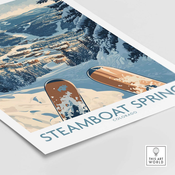 Steamboat Springs Ski Print showcasing ski equipment against snow-covered mountains in Colorado, perfect for ski enthusiasts.