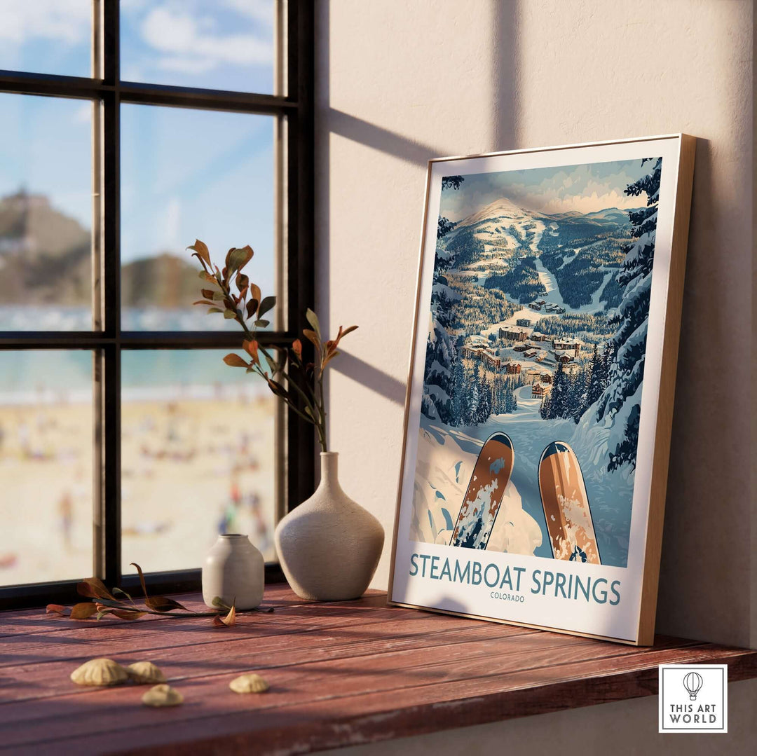 Steamboat Springs ski print in a cozy interior, showcasing Colorado's stunning mountainous landscape and winter sports vibe.