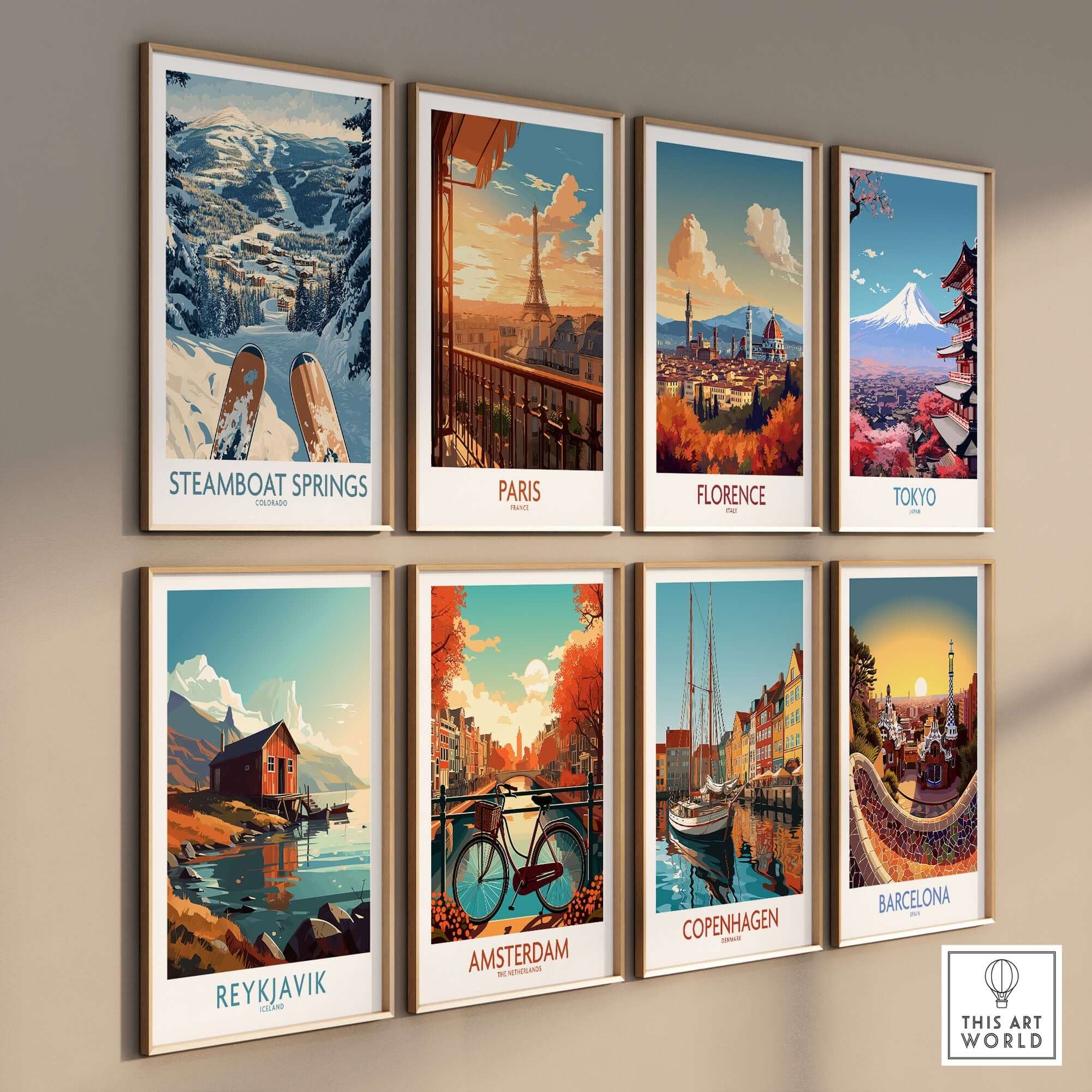 Steamboat Springs Ski Print alongside vibrant travel art prints of Paris, Florence, Tokyo, Reykjavik, Amsterdam, Copenhagen, and Barcelona.