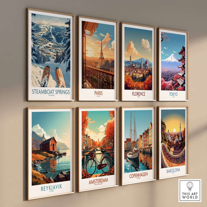 Steamboat Springs Ski Print alongside vibrant travel art prints of Paris, Florence, Tokyo, Reykjavik, Amsterdam, Copenhagen, and Barcelona.