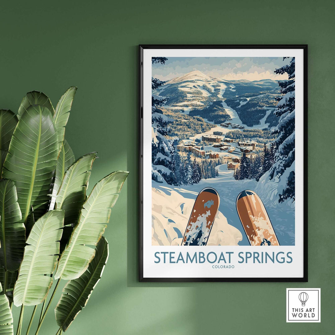 Steamboat Springs ski print showcasing Colorado mountains, perfect for skiing enthusiasts and wall art lovers.