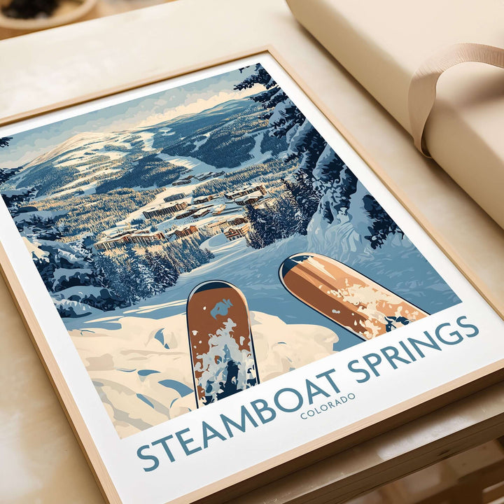 Steamboat Springs Ski Print featuring snowy slopes and serene mountain views, perfect for skiing enthusiasts and wall art decor.