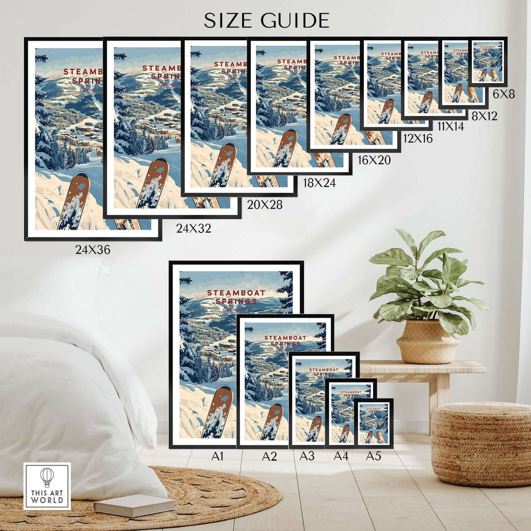 Size guide for Steamboat Springs travel poster featuring various frame sizes in a stylish interior setting.