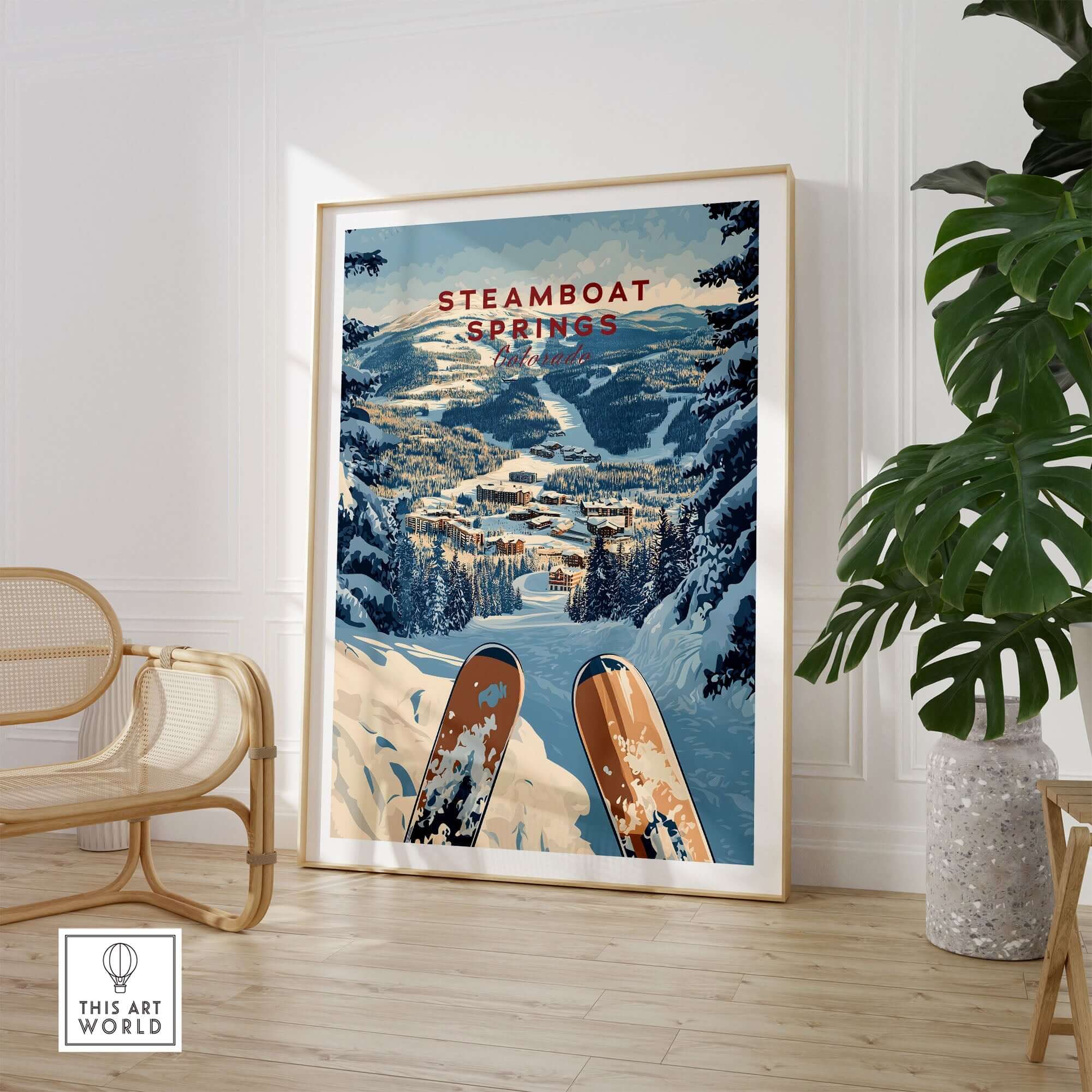 Steamboat Springs travel poster featuring ski print and snowy mountain views, perfect for adventurers and home decor.