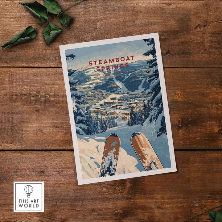 Steamboat Springs travel poster featuring snowy peaks and ski print, perfect for adventure lovers and home decor.