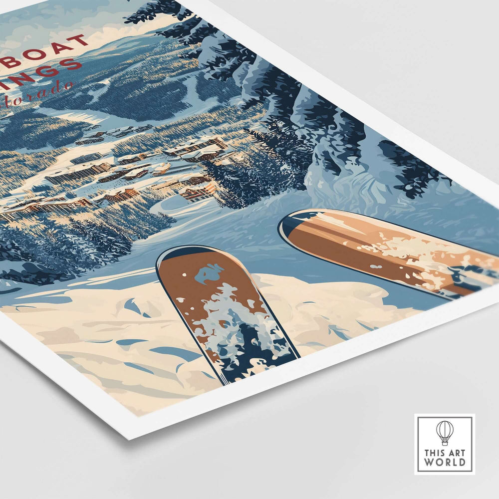 Steamboat Springs travel poster featuring vibrant ski print and snowy landscape of Colorado, perfect for adventurers and ski lovers.