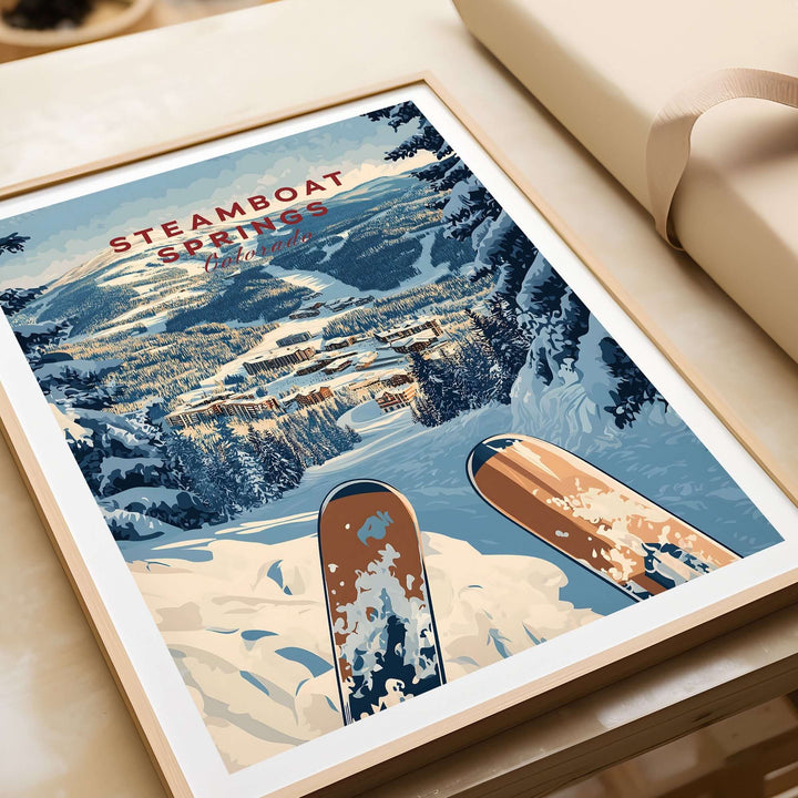 Steamboat Springs travel poster featuring vibrant ski print and snowy mountain views, perfect for adventurers.