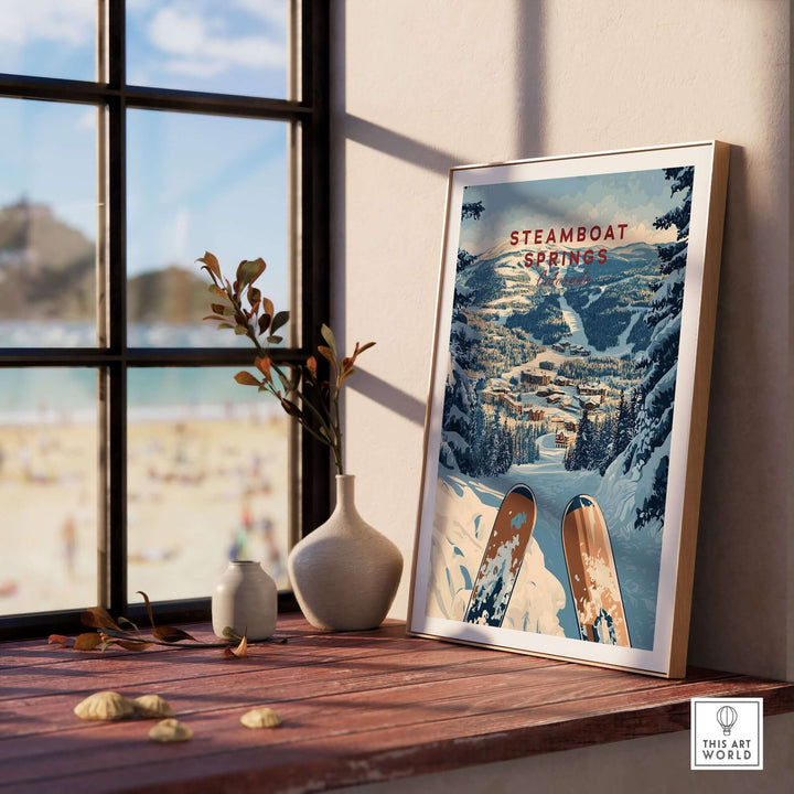 Steamboat Springs travel poster featuring snowy peaks and skis, perfect for inspiring adventure in your home decor.