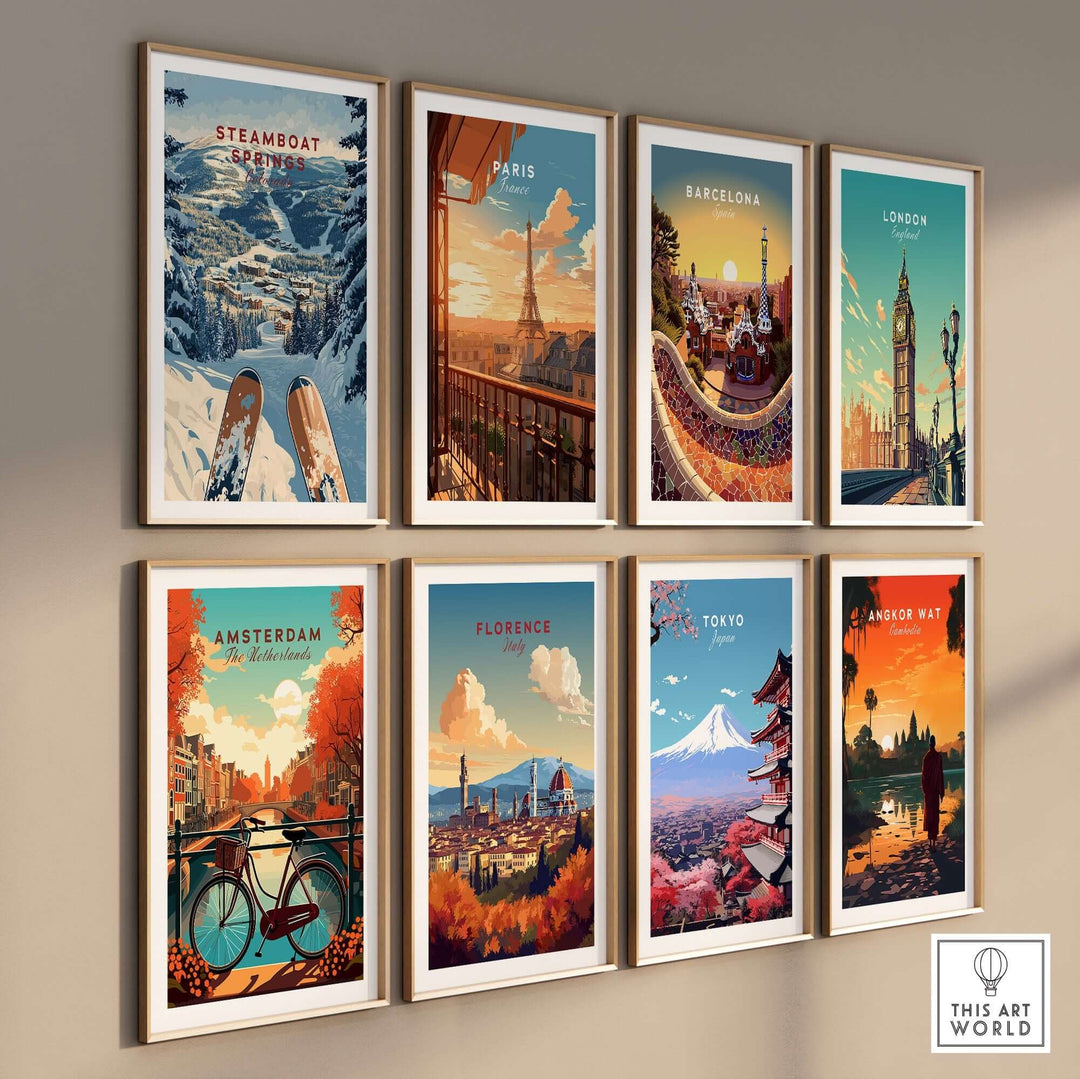 Vibrant travel posters featuring Steamboat Springs, Paris, Barcelona, London, Amsterdam, Florence, Tokyo, and Angkor Wat.