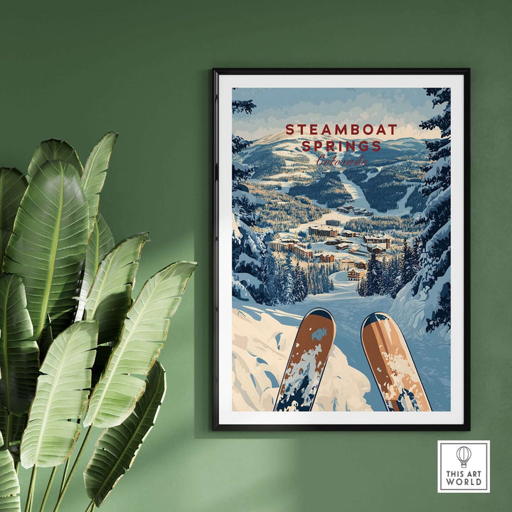 Steamboat Springs travel poster featuring snowy ski slopes and vibrant mountain scenery, ideal for adventure lovers' decor.