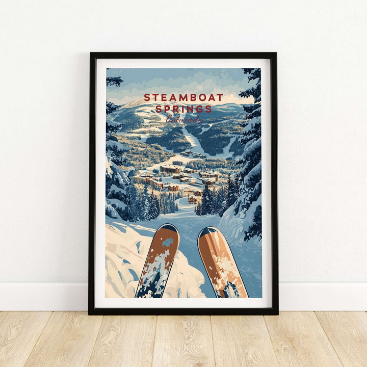 Steamboat Springs travel poster showcasing snowy peaks and ski views, perfect for adventurers and home decor enthusiasts.