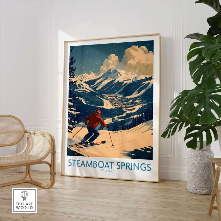 Retro Steamboat Springs ski poster wall art featuring a skier in Colorado landscape, perfect decor for ski enthusiasts.