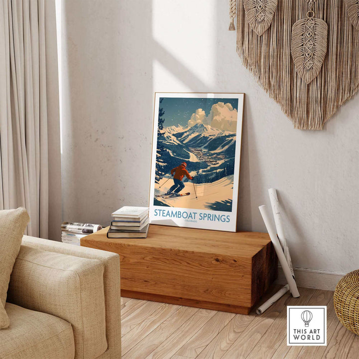 Steamboat Springs wall art featuring a ski poster in a cozy living room setting in Colorado.