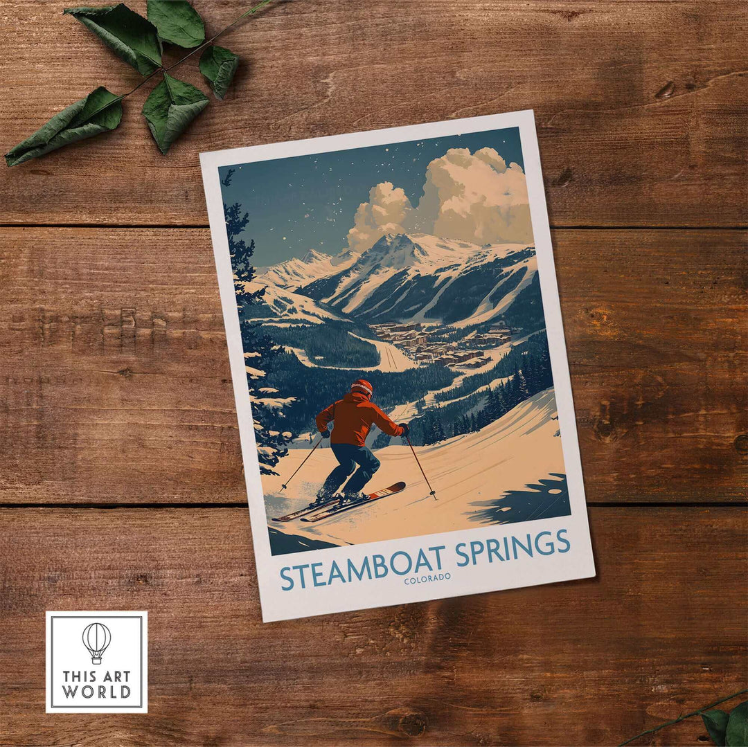 Vintage Steamboat Springs wall art featuring a skier in Colorado mountains, ideal ski poster for decor.