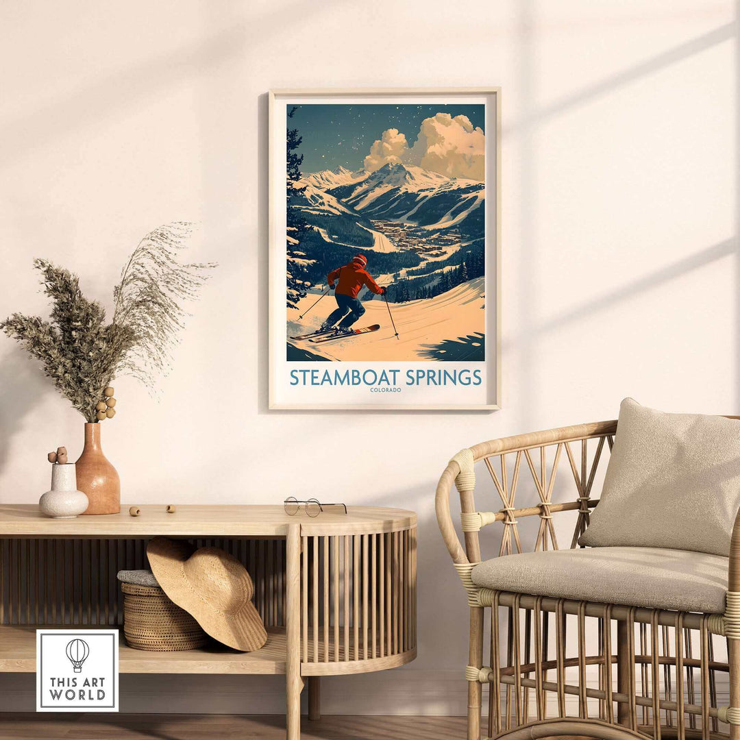 Steamboat Springs Ski Poster Wall Art - Colorado Mountain Scene in Modern Living Room